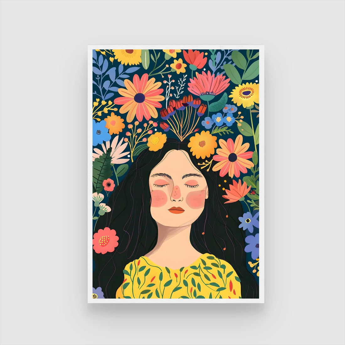 Floral Dreamscape – Colorful Woman Portrait Wall Art Print 2 : 3 Vertical Premium Wall Art Canvas by MeriDeewar