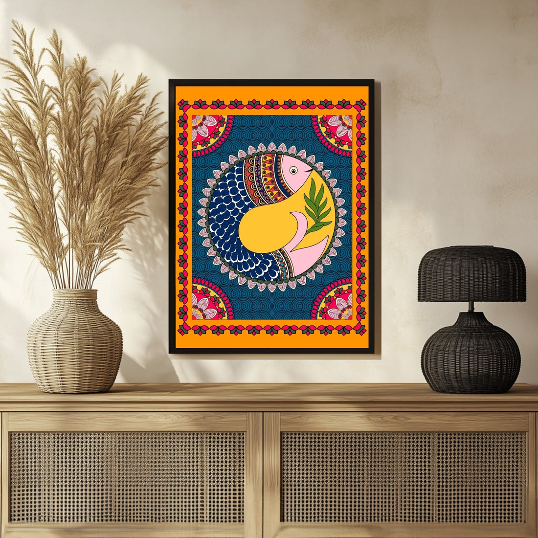 Floral Fins Madhubani Wall Art - Traditional Indian Painting 3 : 4 Vertical New Premium Wall Art Canvas by MeriDeewar
