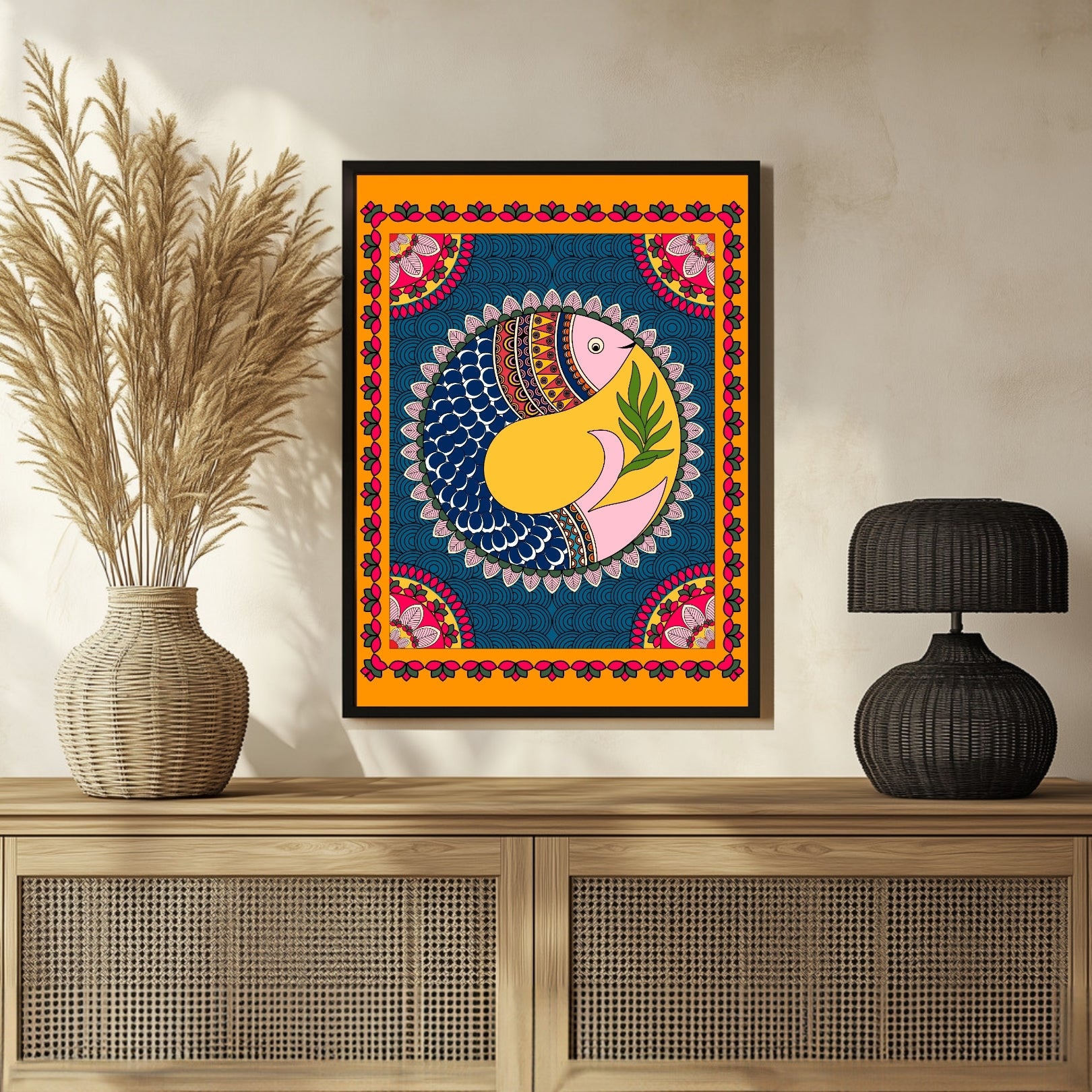 Floral Fins Madhubani Wall Art - Traditional Indian Painting 3 : 4 Vertical New Premium Wall Art Canvas by MeriDeewar