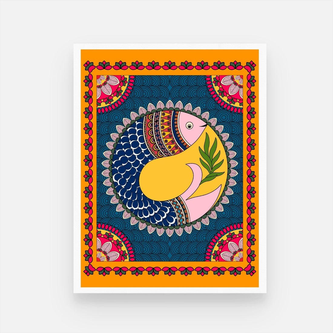 Floral Fins Madhubani Wall Art - Traditional Indian Painting 3 : 4 Vertical New Premium Wall Art Canvas by MeriDeewar