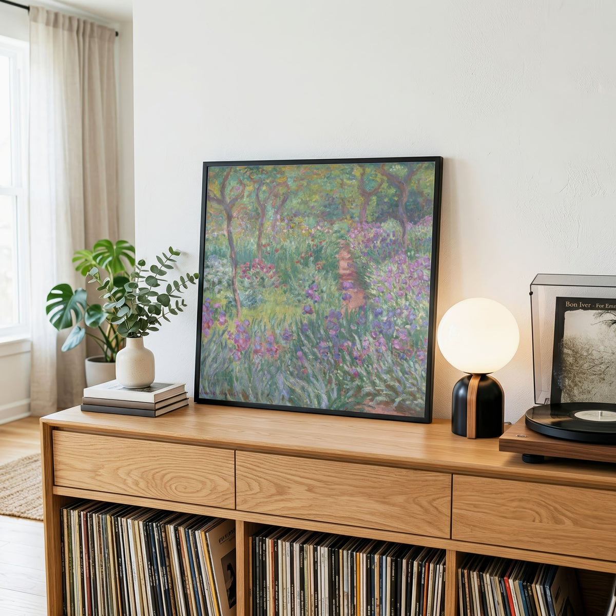 Floral Garden Painting for Living Room | Monet Iris Flower Wall Art | MeriDeewar 1 : 1 Square Premium Wall Art Canvas by MeriDeewar