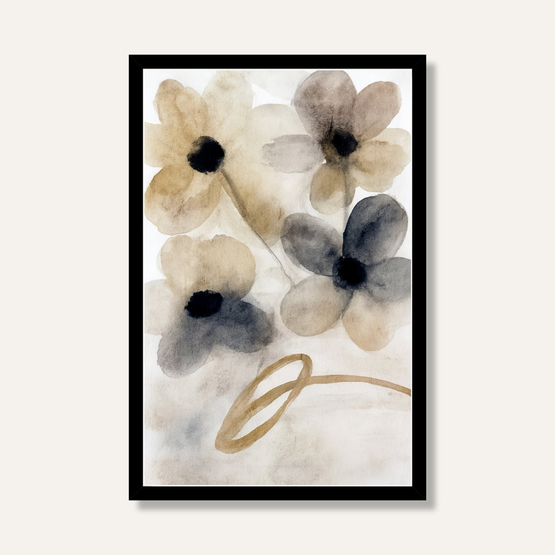 Floral Painting for Living Room – Beige & Grey Watercolour Flowers | Giclée Fine Art Print 2 : 3 Vertical Premium Wall Art Canvas by MeriDeewar