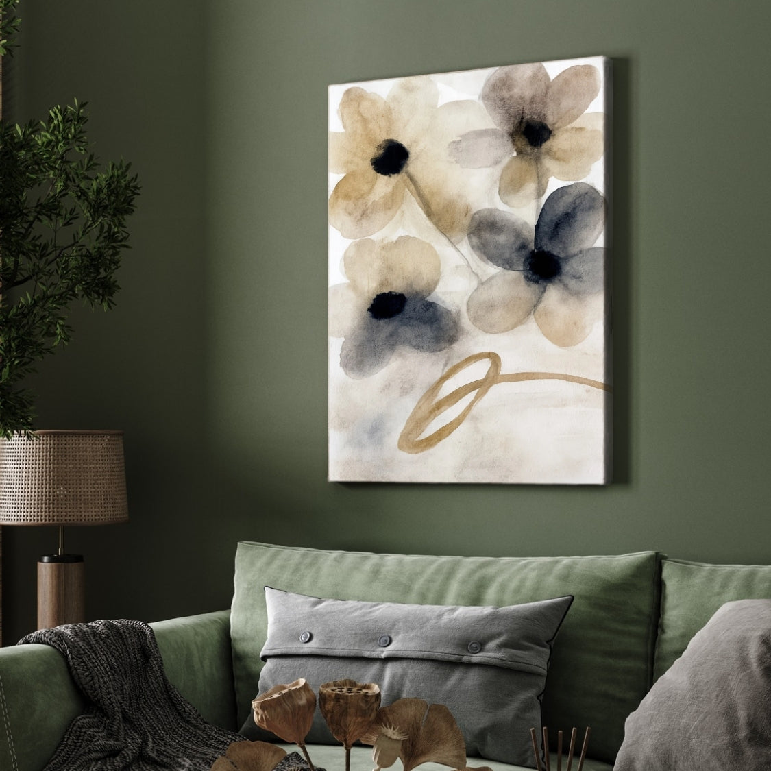 Floral Painting for Living Room – Beige & Grey Watercolour Flowers | Giclée Fine Art Print 2 : 3 Vertical Premium Wall Art Canvas by MeriDeewar