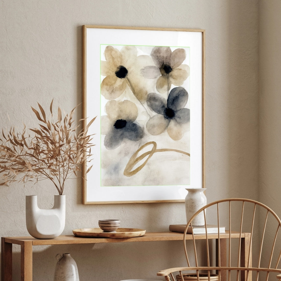 Floral Painting for Living Room – Beige & Grey Watercolour Flowers | Giclée Fine Art Print 2 : 3 Vertical Premium Wall Art Canvas by MeriDeewar