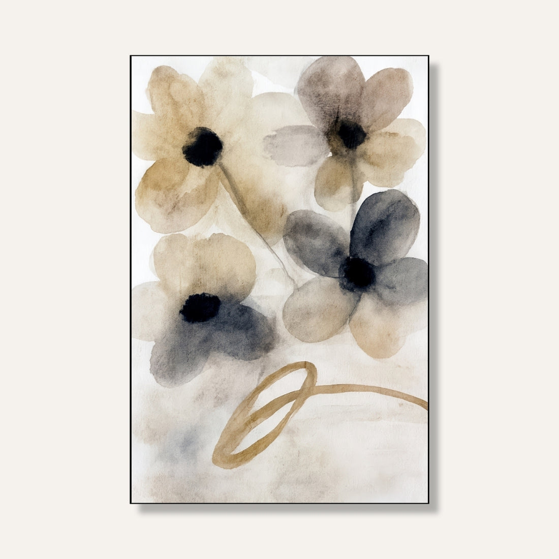Floral Painting for Living Room – Beige & Grey Watercolour Flowers | Giclée Fine Art Print 2 : 3 Vertical Premium Wall Art Canvas by MeriDeewar