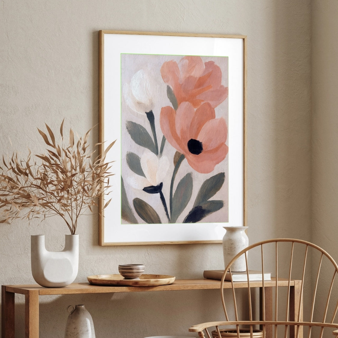 Floral Painting for Living Room – Peach & White Bloom | Giclée Fine Art Print 2 : 3 Vertical Premium Wall Art Canvas by MeriDeewar
