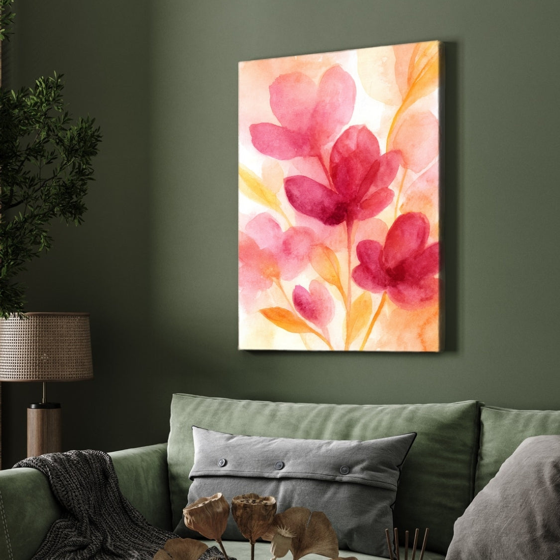 Floral Painting for Living Room – Pink Watercolor Flowers | Giclée Fine Art Print 2 : 3 Vertical Premium Wall Art Canvas by MeriDeewar