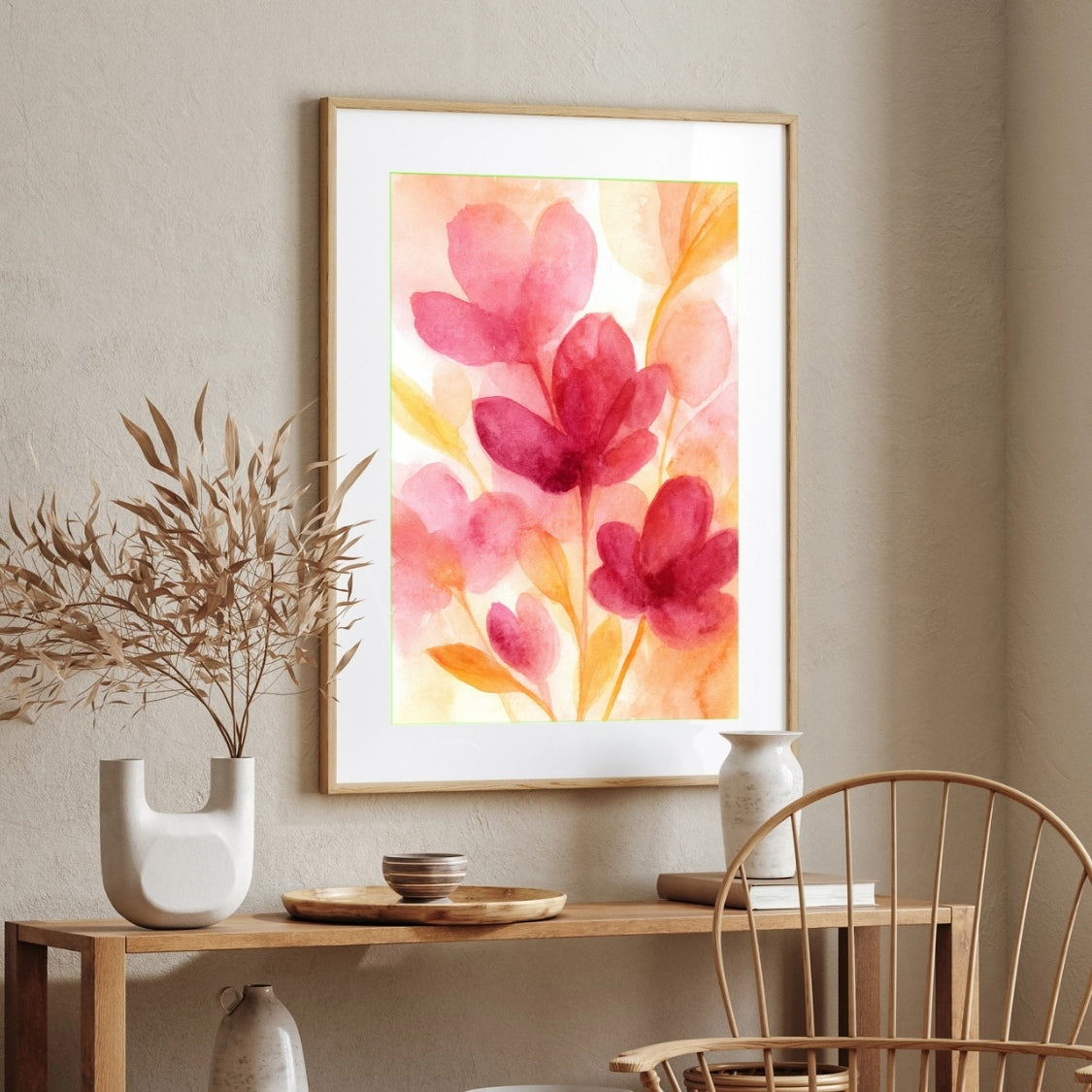 Floral Painting for Living Room – Pink Watercolor Flowers | Giclée Fine Art Print 2 : 3 Vertical Premium Wall Art Canvas by MeriDeewar