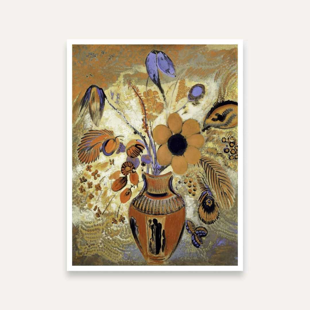 Floral Vase Painting for Living Room | Warm Earthy Tones Wall Art | Odilon Redon 4 X 5.5 Vertical Premium Wall Art Canvas by MeriDeewar