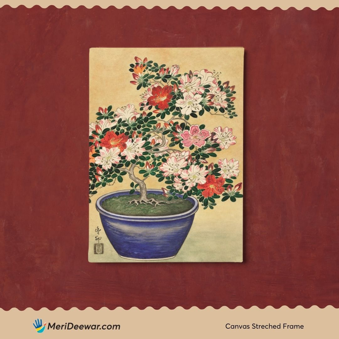 Flowers Art Poster- Blooming Azalea in Blue Pot by Ohara Koson 3 : 4 Vertical New Premium Wall Art Canvas by MeriDeewar