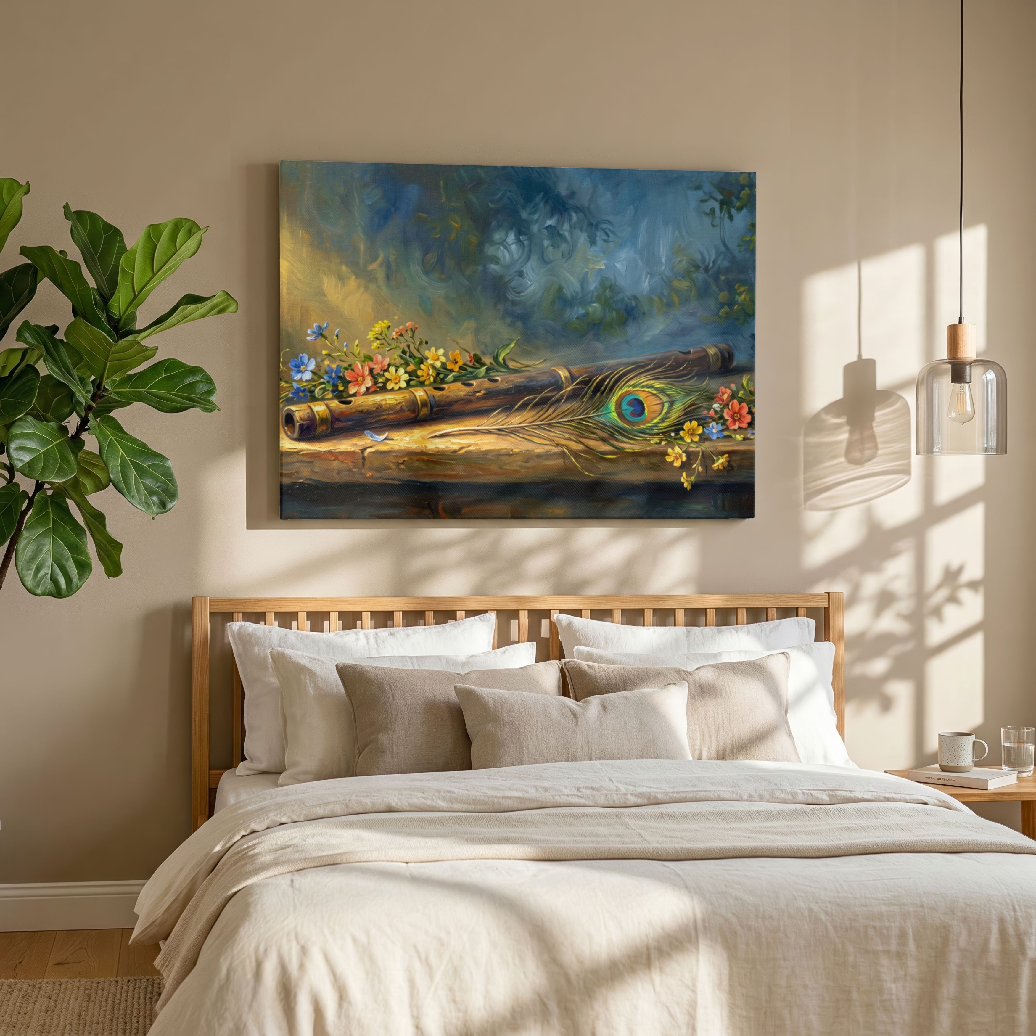 "Flute with Peacock Feather" Indian Classical Wall Art Print 3 : 2 Horizontal Premium Wall Art Canvas by MeriDeewar