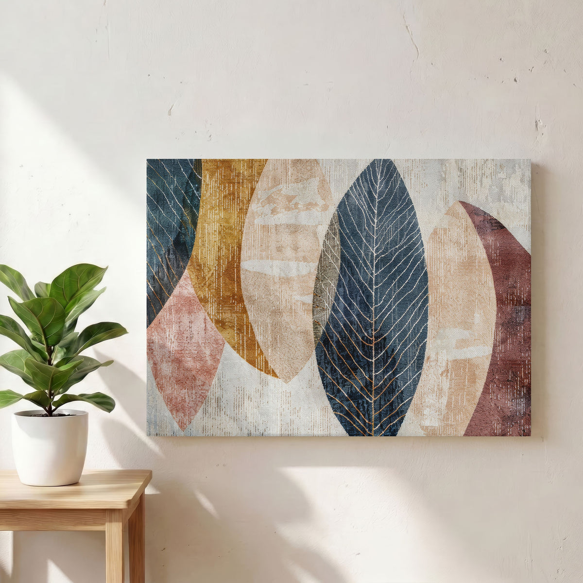 Foliage in Indigo & Ochre | Mid-Century Modern Abstract Botanical Framed Wall Art 4 : 3 Horizontal Premium Wall Art Canvas by MeriDeewar