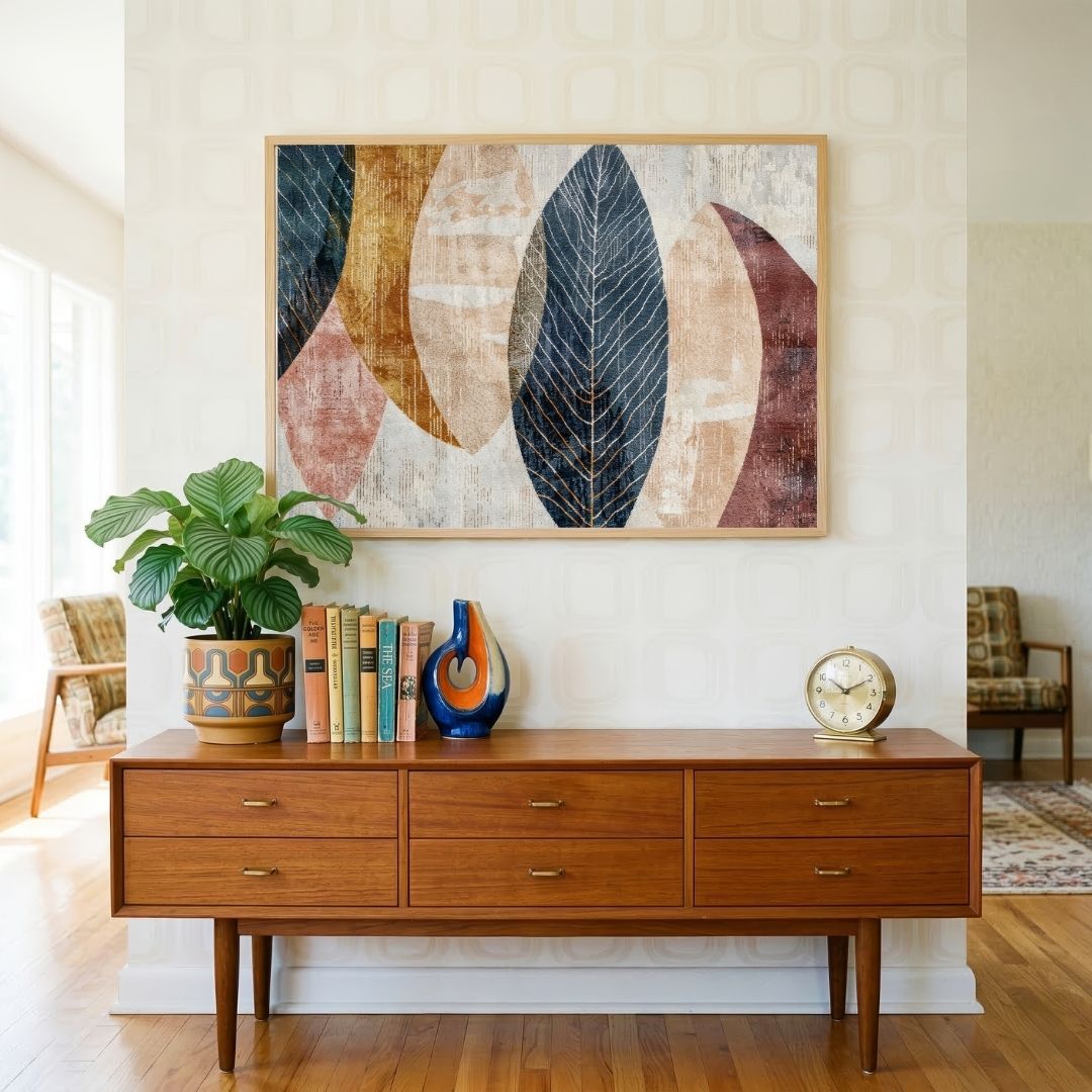 Foliage in Indigo & Ochre | Mid-Century Modern Abstract Botanical Framed Wall Art 4 : 3 Horizontal Premium Wall Art Canvas by MeriDeewar