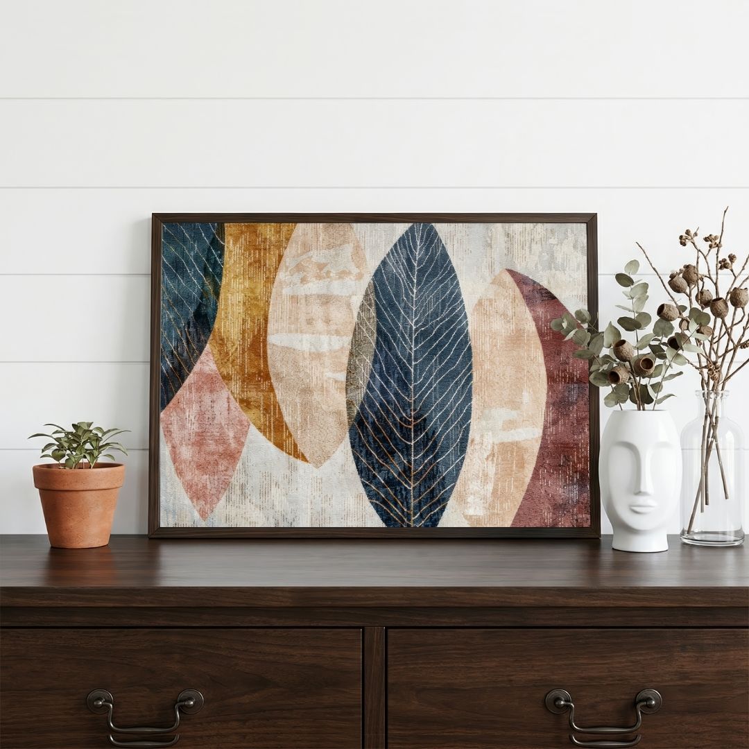 Foliage in Indigo & Ochre | Mid-Century Modern Abstract Botanical Framed Wall Art 4 : 3 Horizontal Premium Wall Art Canvas by MeriDeewar