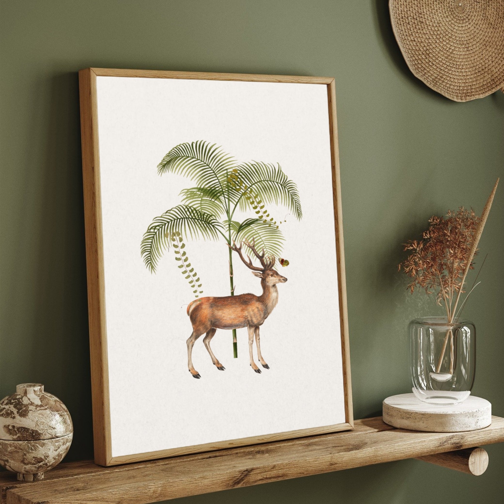 Forest Stag & Palm — Elegant Deer Botanical Wall Art 2 : 3 Vertical Premium Wall Art Canvas by MeriDeewar