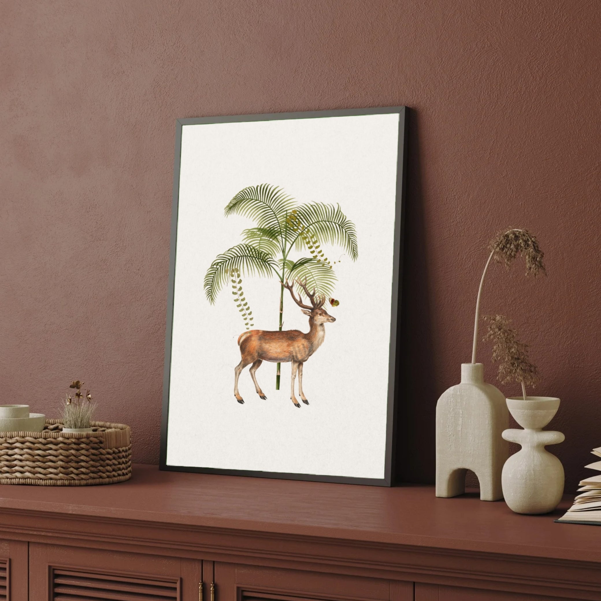 Forest Stag & Palm — Elegant Deer Botanical Wall Art 2 : 3 Vertical Premium Wall Art Canvas by MeriDeewar