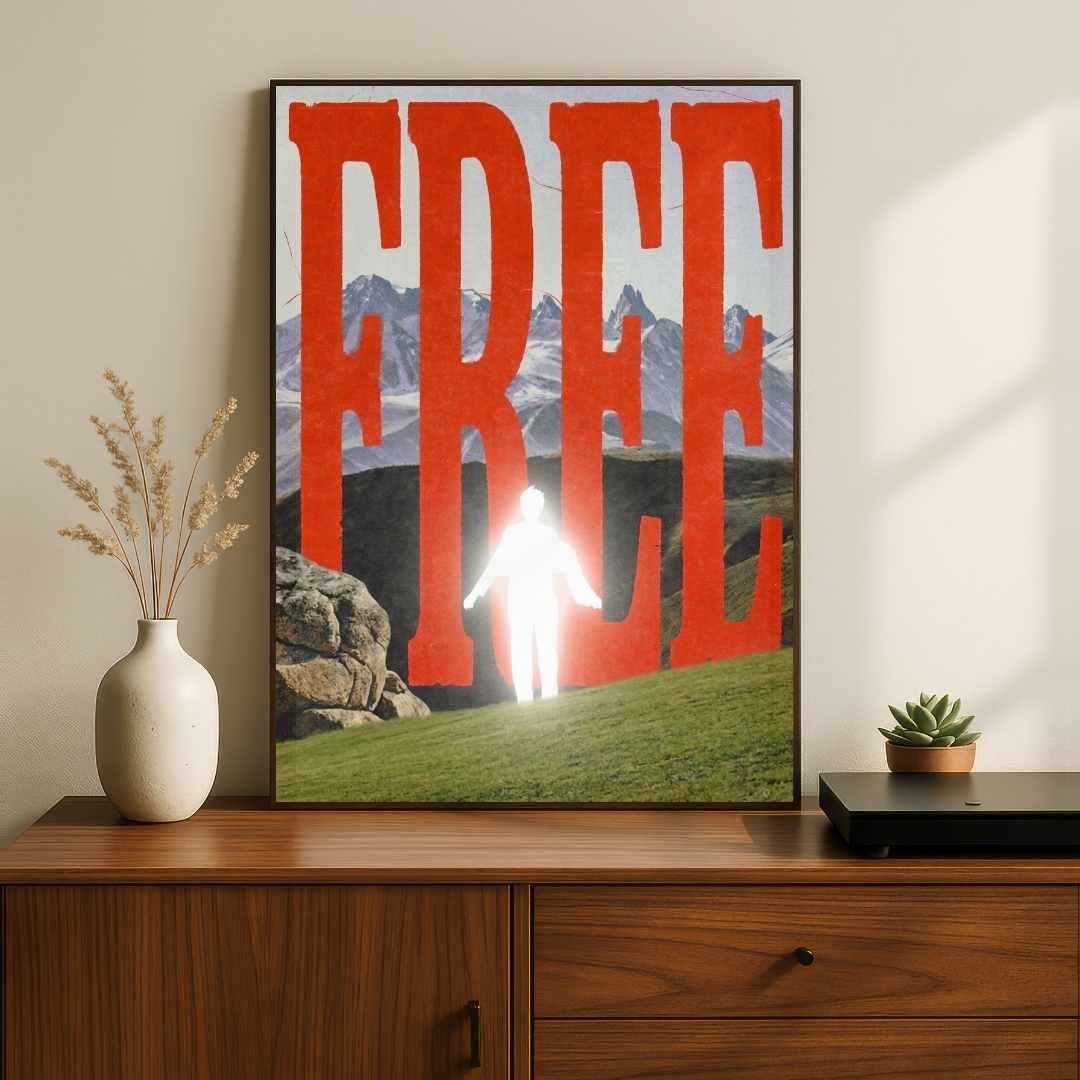 "Free" Mountain Landscape Inspirational Poster | Vertical Borderless Art Frame Poster Premium Wall Art Canvas by MeriDeewar