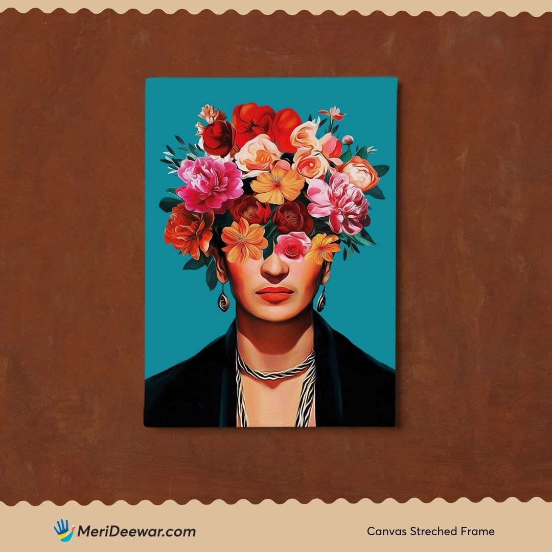 Frida Kahlo Portrait with Flowers Painting 3 : 4 Vertical New Premium Wall Art Canvas by MeriDeewar