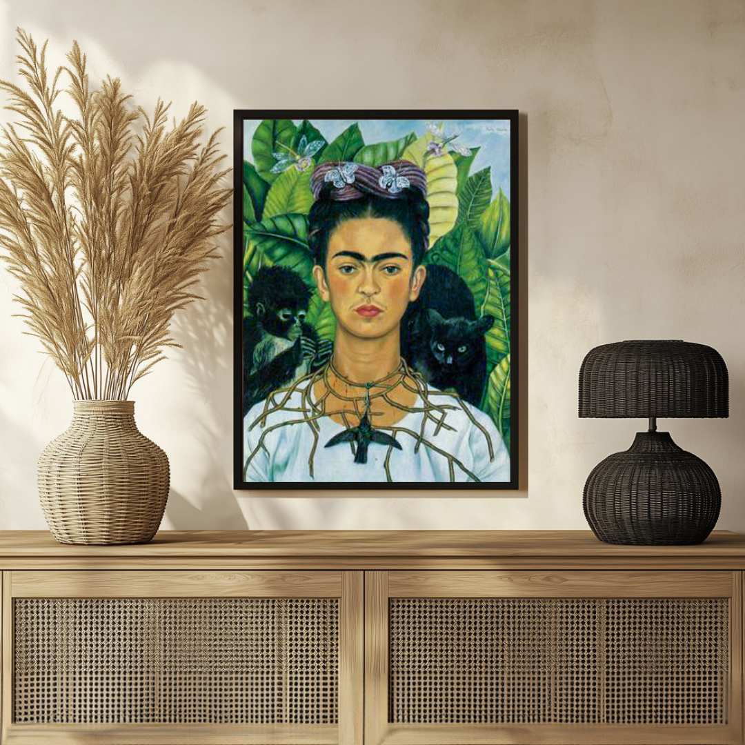 Frida Kahlo Self Portrait Painting for Living Room | Thorn Necklace & Hummingbird Wall Art 4 :5 Vertical Premium Wall Art Canvas by MeriDeewar