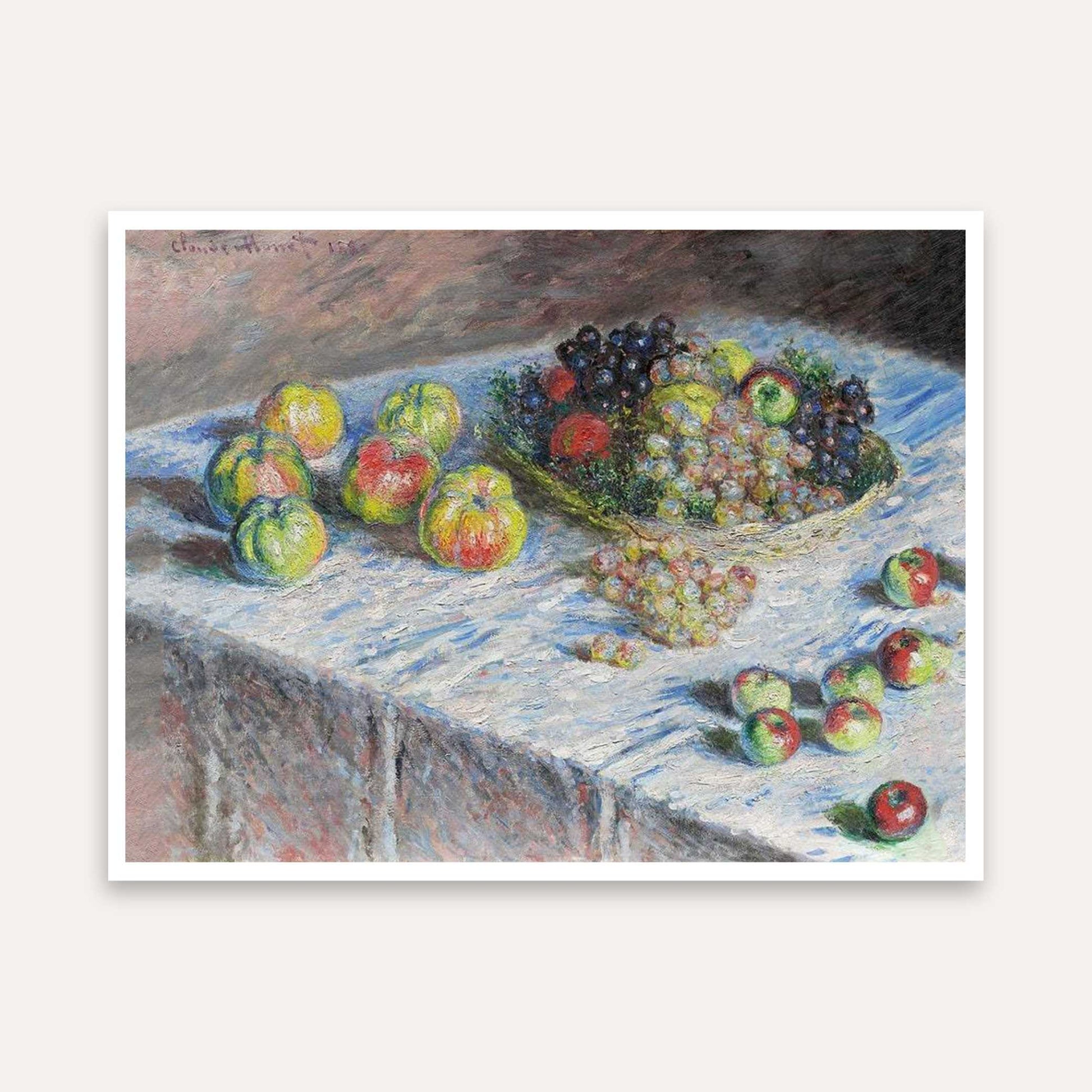 Fruit Still Life Painting for Dining Room | Claude Monet Apples & Grapes | Wall Art Print 4 : 3 Horizontal Premium Wall Art Canvas by MeriDeewar