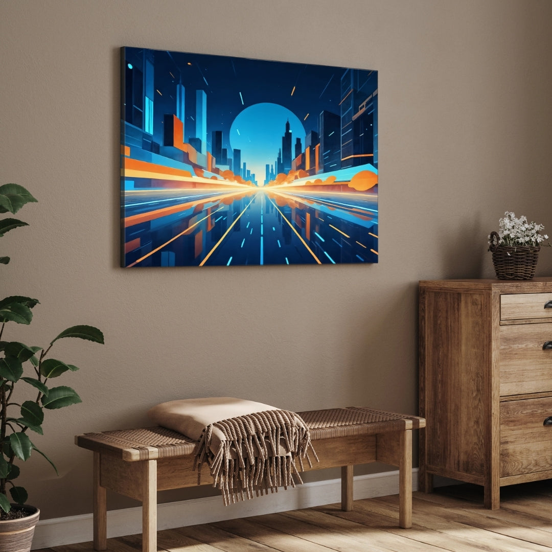 Futuristic Cityscape Wall Art – Neon Skyline Canvas Print 2 : 3 Horizontal Premium Wall Art Canvas by MeriDeewar