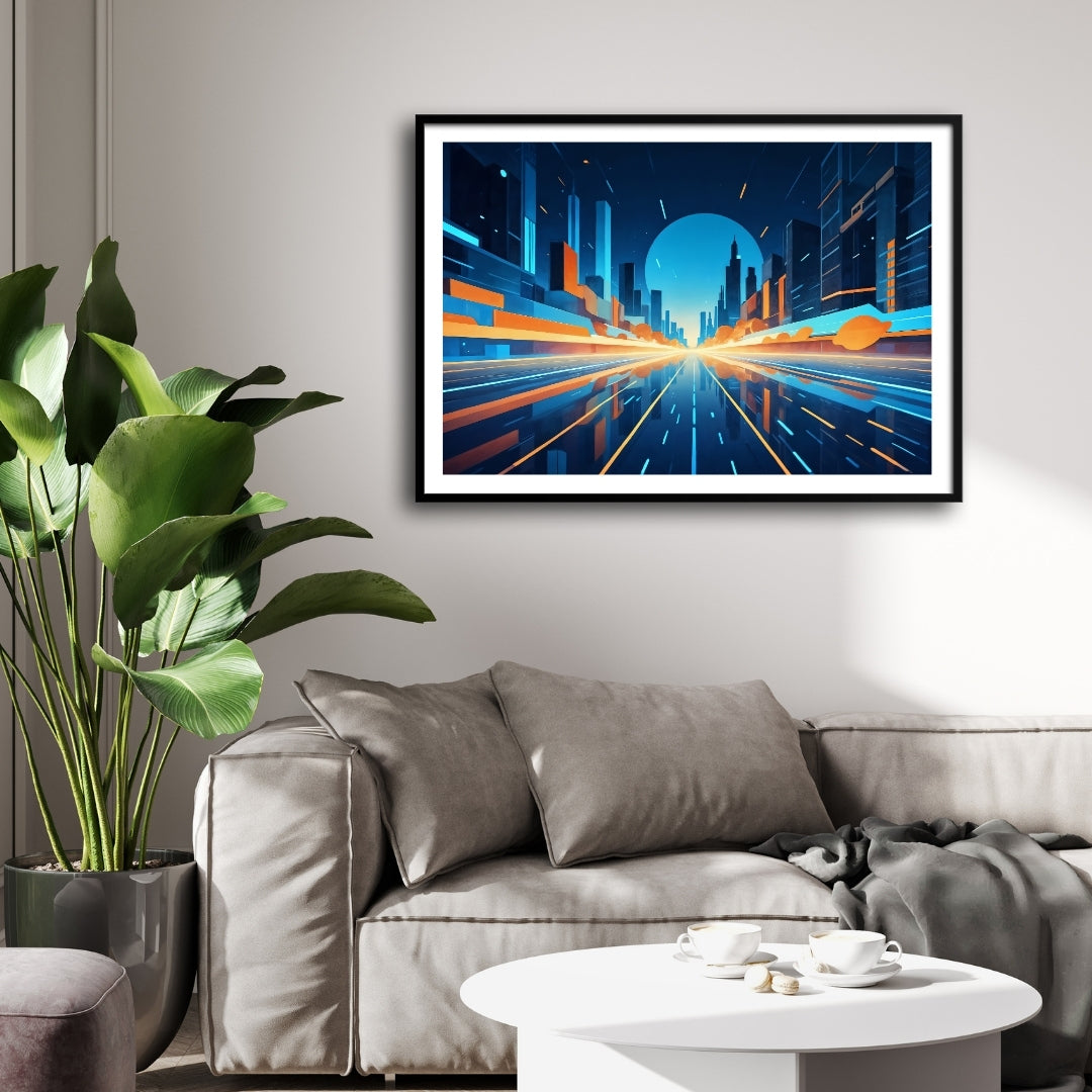 Futuristic Cityscape Wall Art – Neon Skyline Canvas Print 2 : 3 Horizontal Premium Wall Art Canvas by MeriDeewar