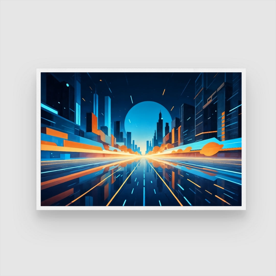Futuristic Cityscape Wall Art – Neon Skyline Canvas Print 2 : 3 Horizontal Premium Wall Art Canvas by MeriDeewar