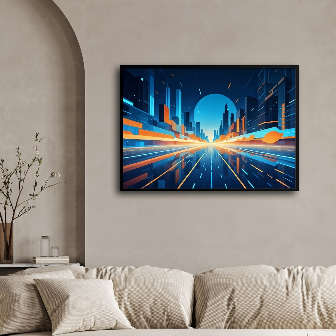 Futuristic Cityscape Wall Art – Neon Skyline Canvas Print 2 : 3 Horizontal Premium Wall Art Canvas by MeriDeewar