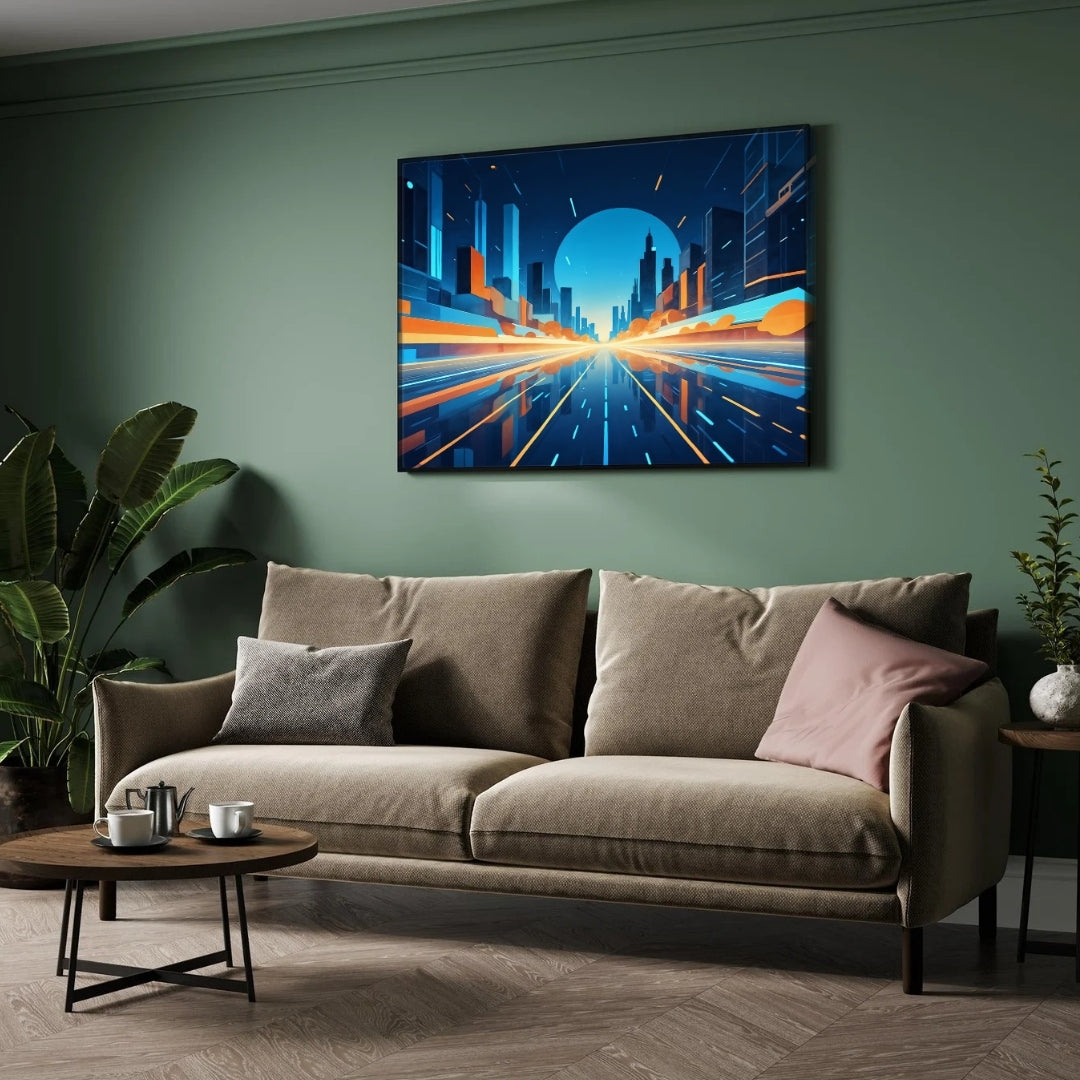 Futuristic Cityscape Wall Art – Neon Skyline Canvas Print 2 : 3 Horizontal Premium Wall Art Canvas by MeriDeewar