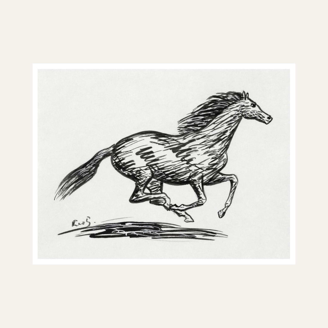 Galloping Horse Painting for Living Room | Black & White Sketch Wall Art | MeriDeewar 6 : 5 Horizontal Premium Wall Art Canvas by MeriDeewar