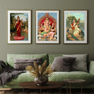 Ganesh Lakshmi Saraswati Painting Set of 3 for Puja Room | Raja Ravi Varma Giclée Art Print Walls Premium Wall Art Canvas by MeriDeewar