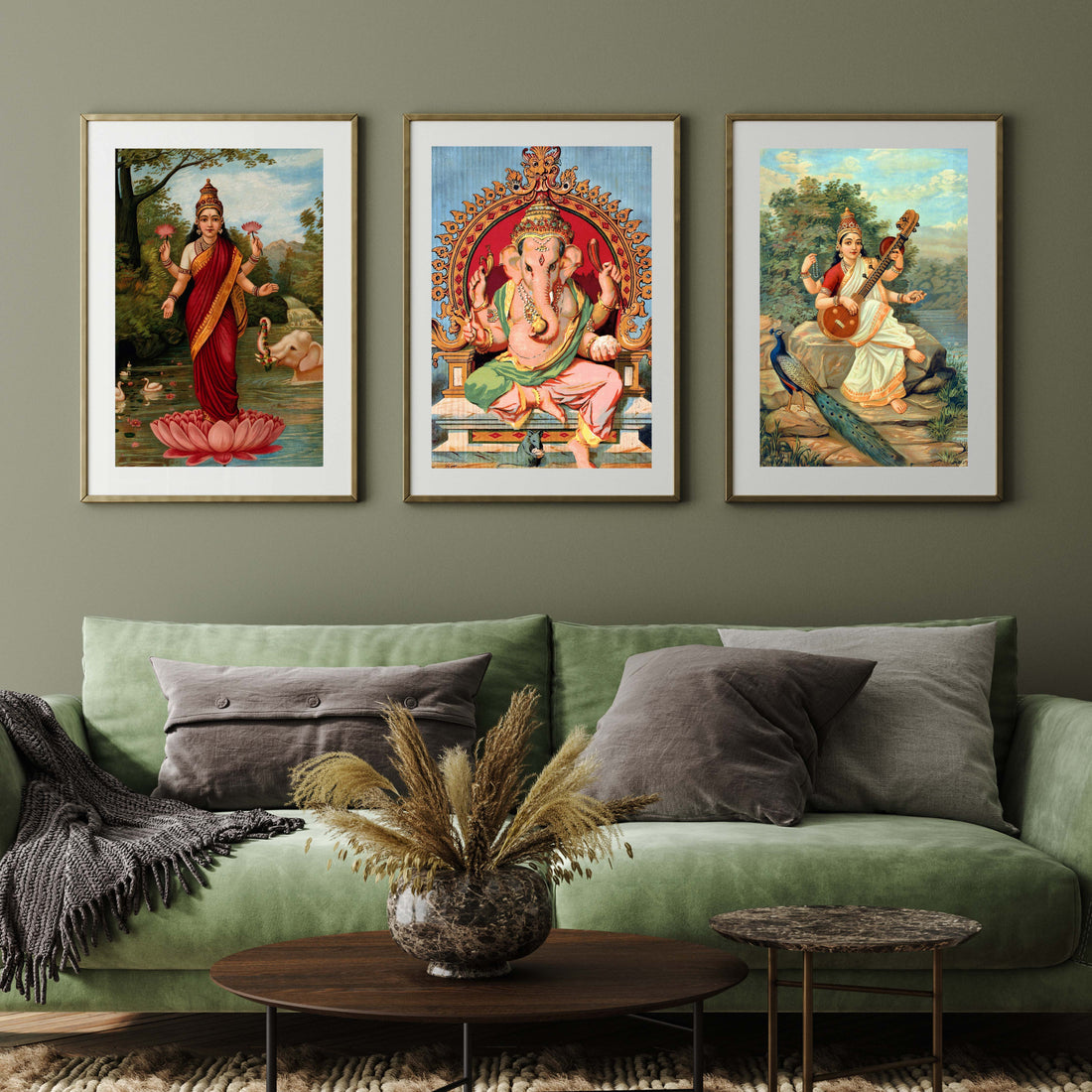 Ganesh Lakshmi Saraswati Raja Ravi Varma Set of 3 Walls Premium Wall Art Canvas by MeriDeewar