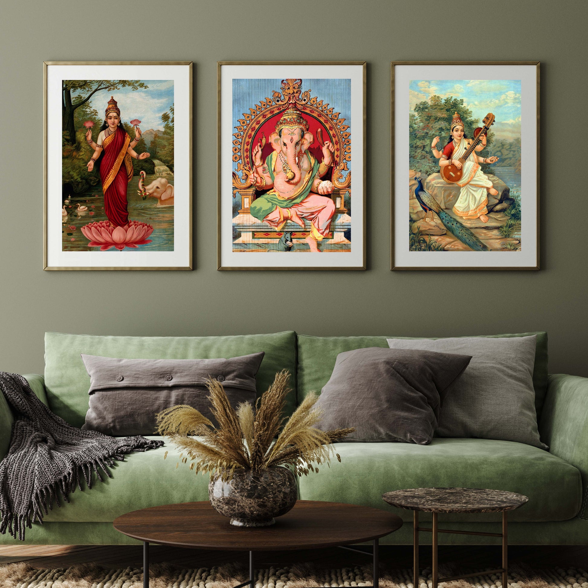 Ganesh Lakshmi Saraswati Raja Ravi Varma Set of 3 Walls Premium Wall Art Canvas by MeriDeewar