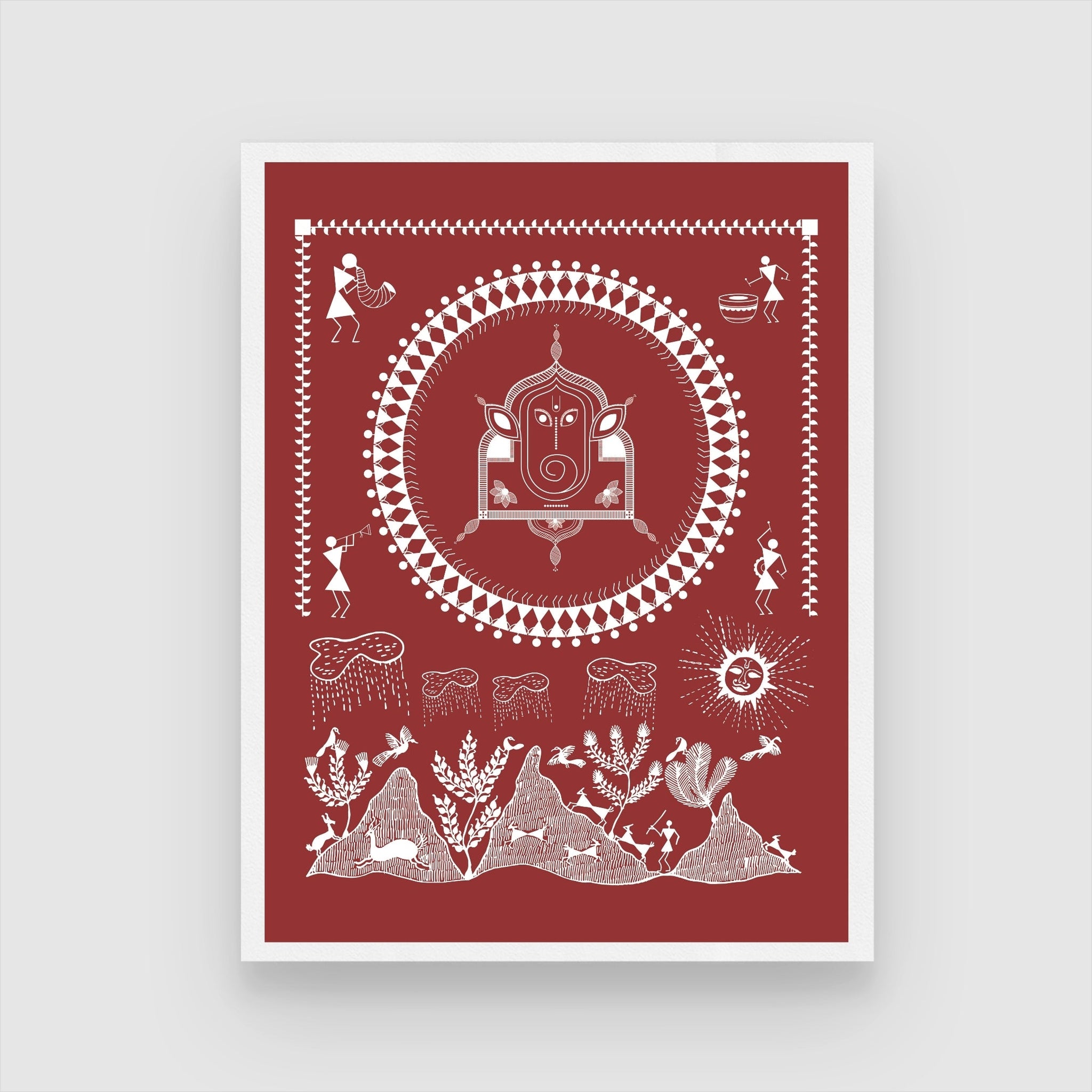 Ganesh Pooja Warli Painting: Unique Indian Art Decor 3 : 4 Vertical New Premium Wall Art Canvas by MeriDeewar