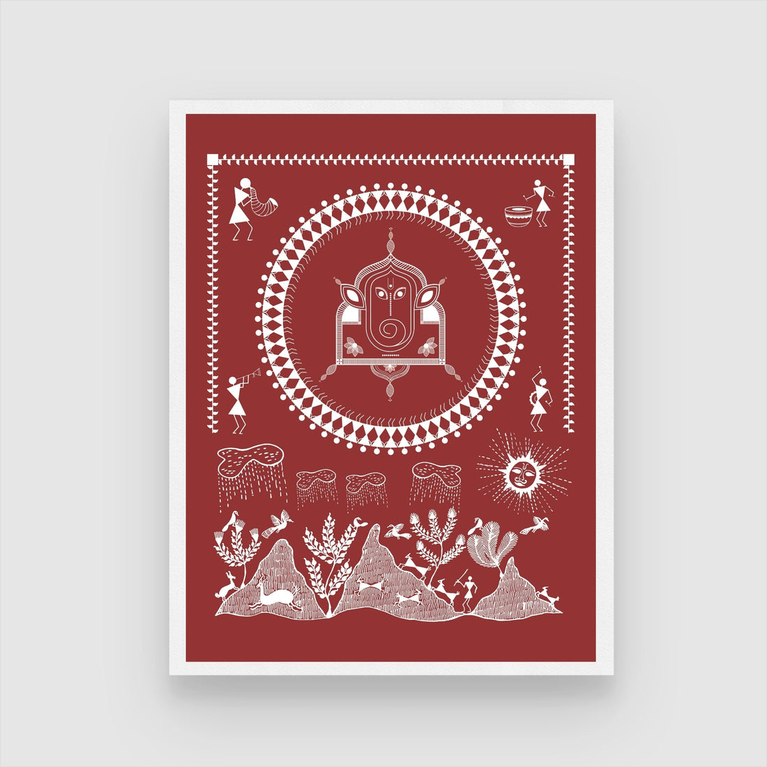 Ganesh Pooja Warli Painting: Unique Indian Art Decor 3 : 4 Vertical New Premium Wall Art Canvas by MeriDeewar