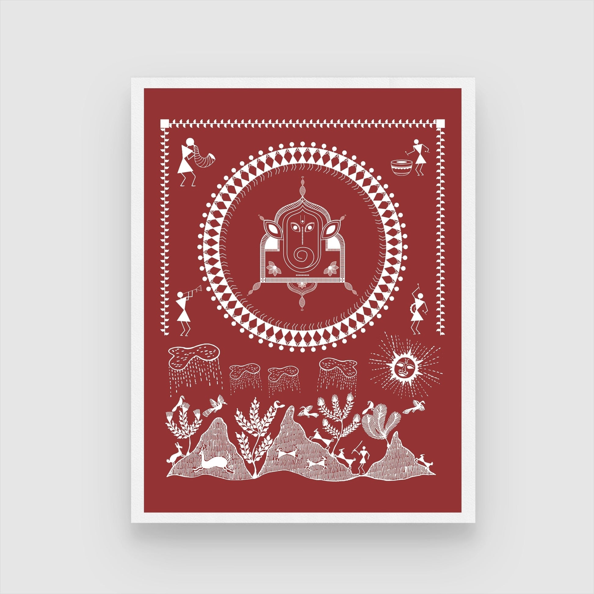 Ganesh Pooja Warli Painting: Unique Indian Art Decor 3 : 4 Vertical New Premium Wall Art Canvas by MeriDeewar