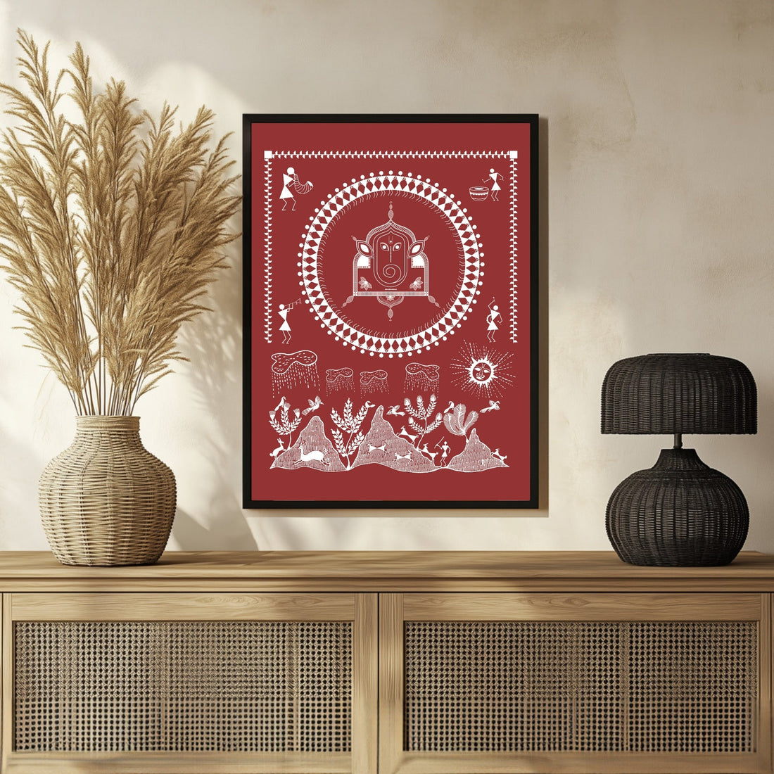 Ganesh Pooja Warli Painting: Unique Indian Art Decor 3 : 4 Vertical New Premium Wall Art Canvas by MeriDeewar