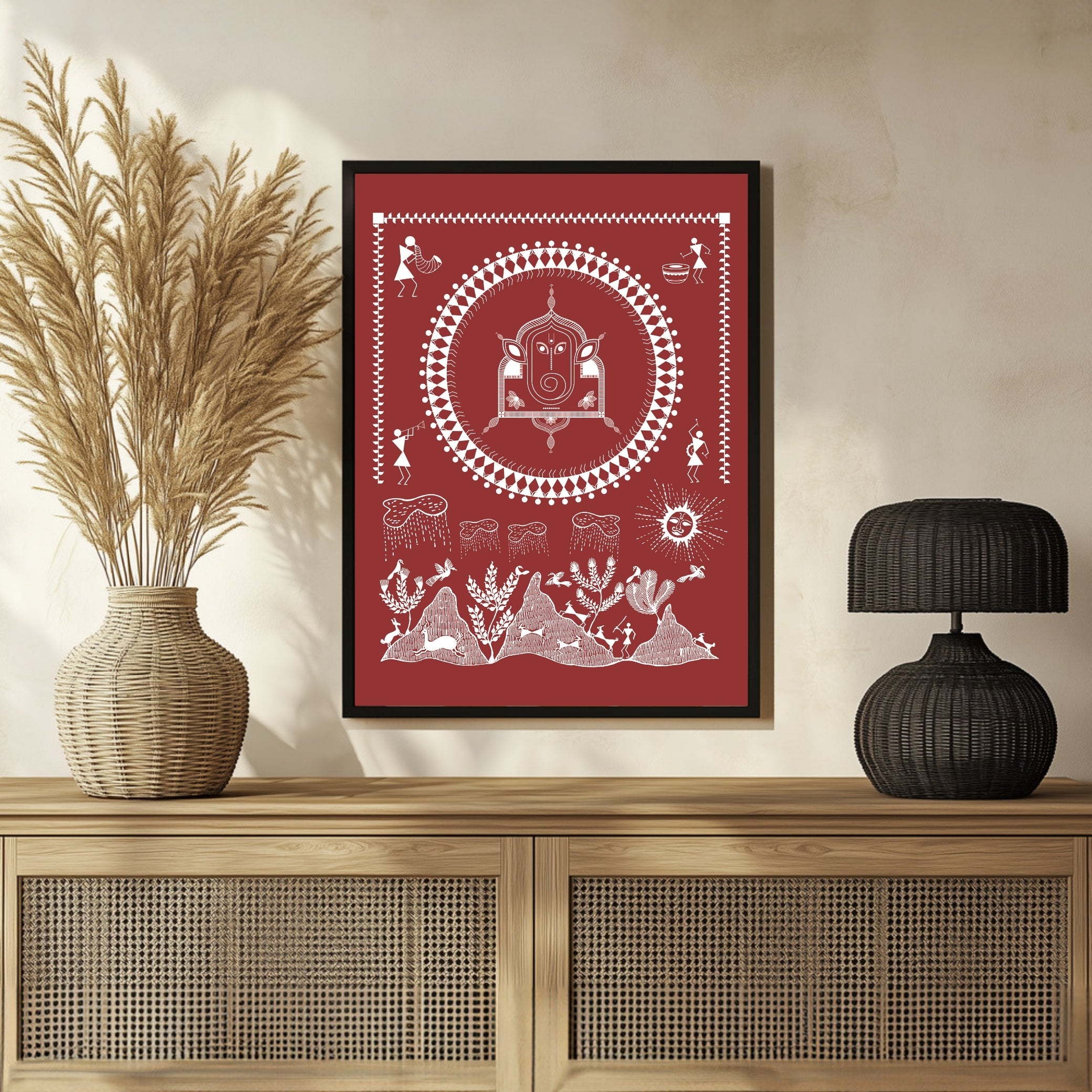 Ganesh Pooja Warli Painting: Unique Indian Art Decor 3 : 4 Vertical New Premium Wall Art Canvas by MeriDeewar