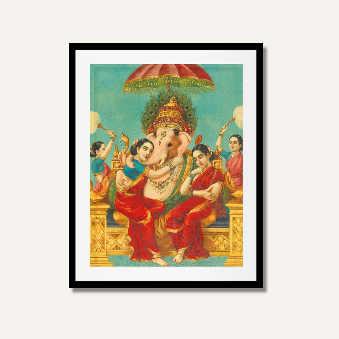 Ganesha Buddhi with Riddhi Siddhi | Divine Wisdom & Abundance Traditional Wall Art 2 : 3 Vertical Premium Wall Art Canvas by MeriDeewar