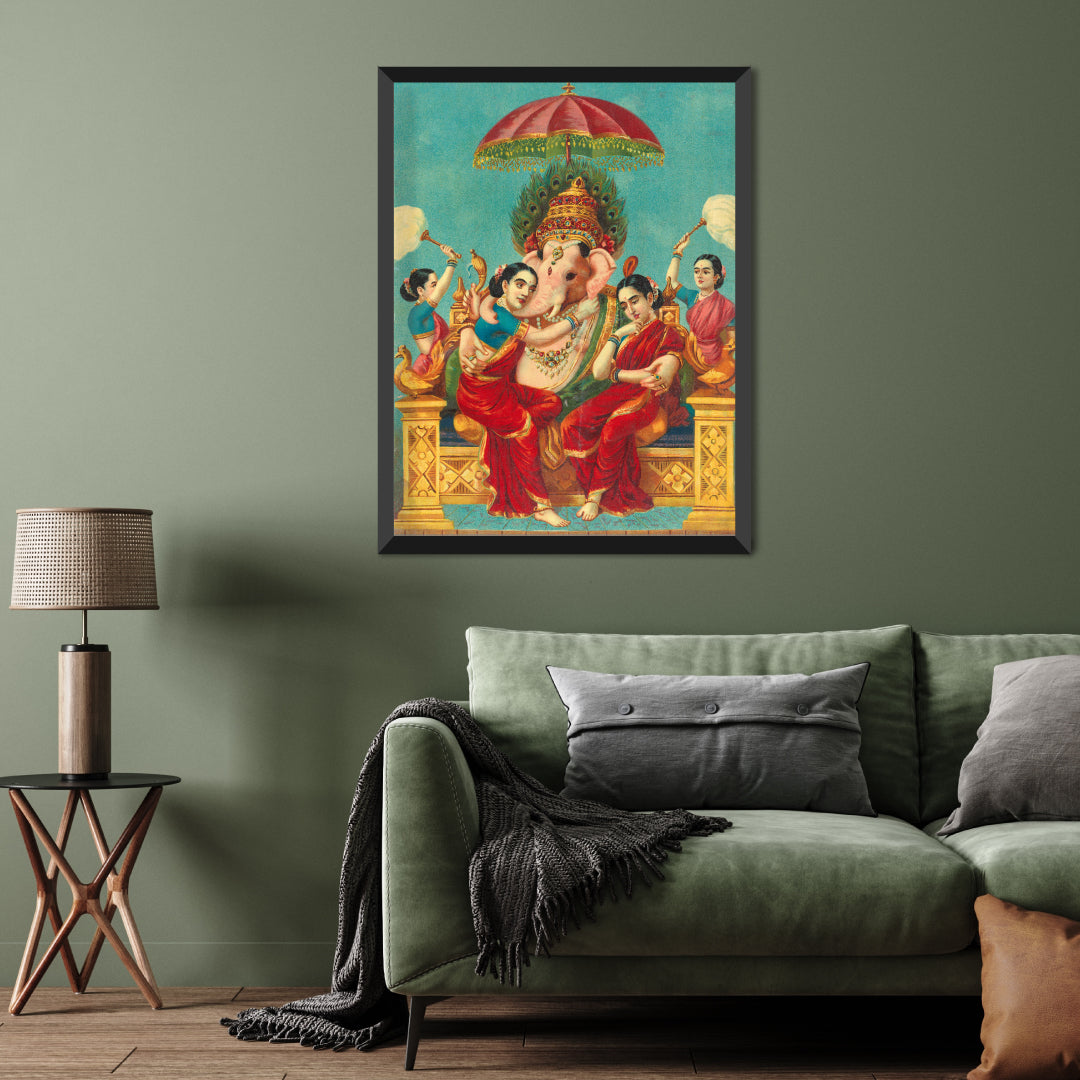 Ganesha (Buddhi) with Riddhi & Siddhi Painting - Meri Deewar 2 : 3 Vertical Premium Wall Art Canvas by MeriDeewar