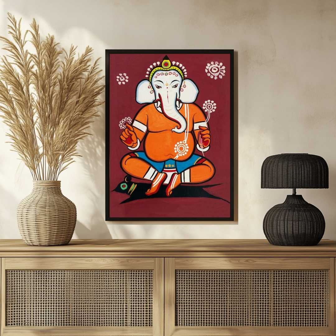 Ganesha Painting for Home – Jamini Roy Folk Art Style | Spiritual Wall Art India 3 : 4 Vertical Premium Wall Art Canvas by MeriDeewar