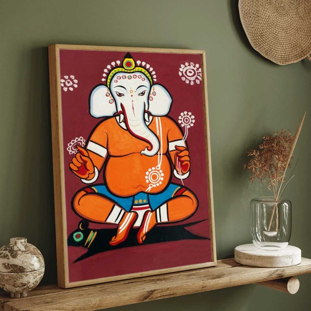 Ganesha Painting for Home – Jamini Roy Folk Art Style | Spiritual Wall Art India 3 : 4 Vertical Premium Wall Art Canvas by MeriDeewar