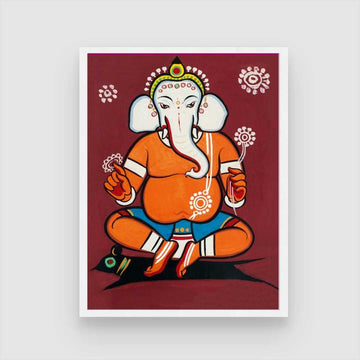 Ganesha Painting for Home – Jamini Roy Folk Art Style | Spiritual Wall Art India 3 : 4 Vertical Premium Wall Art Canvas by MeriDeewar