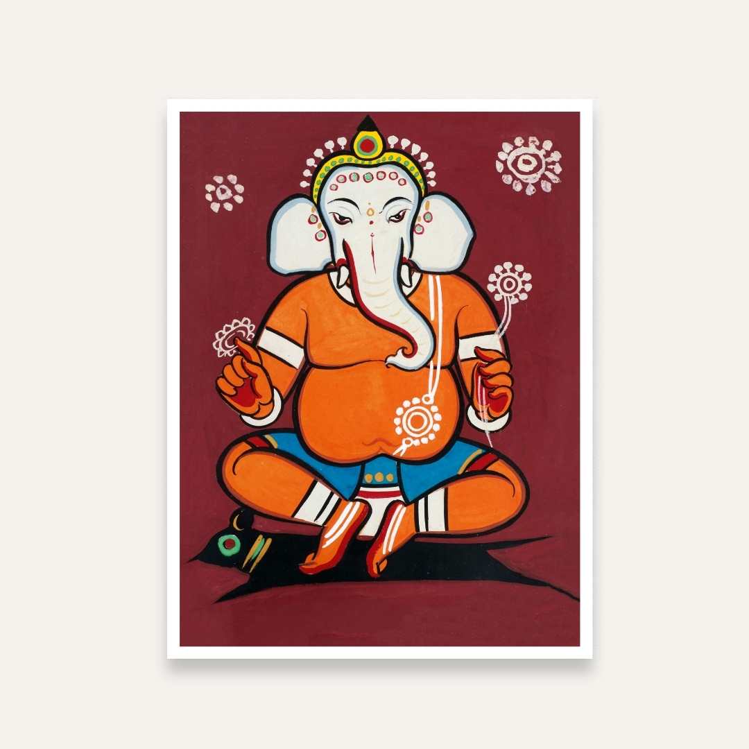 Ganesha Painting for Home – Jamini Roy Folk Art Style | Spiritual Wall Art India 3 : 4 Vertical Premium Wall Art Canvas by MeriDeewar