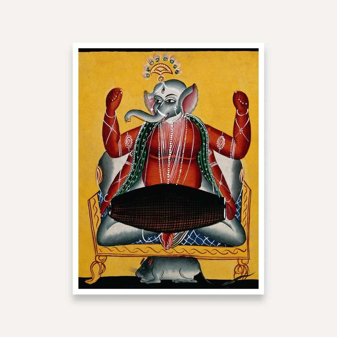 Ganesha Painting for Home | Kalighat Style Ganesh Playing Dhol | Spiritual Wall Art India 3 : 4 Vertical Premium Wall Art Canvas by MeriDeewar
