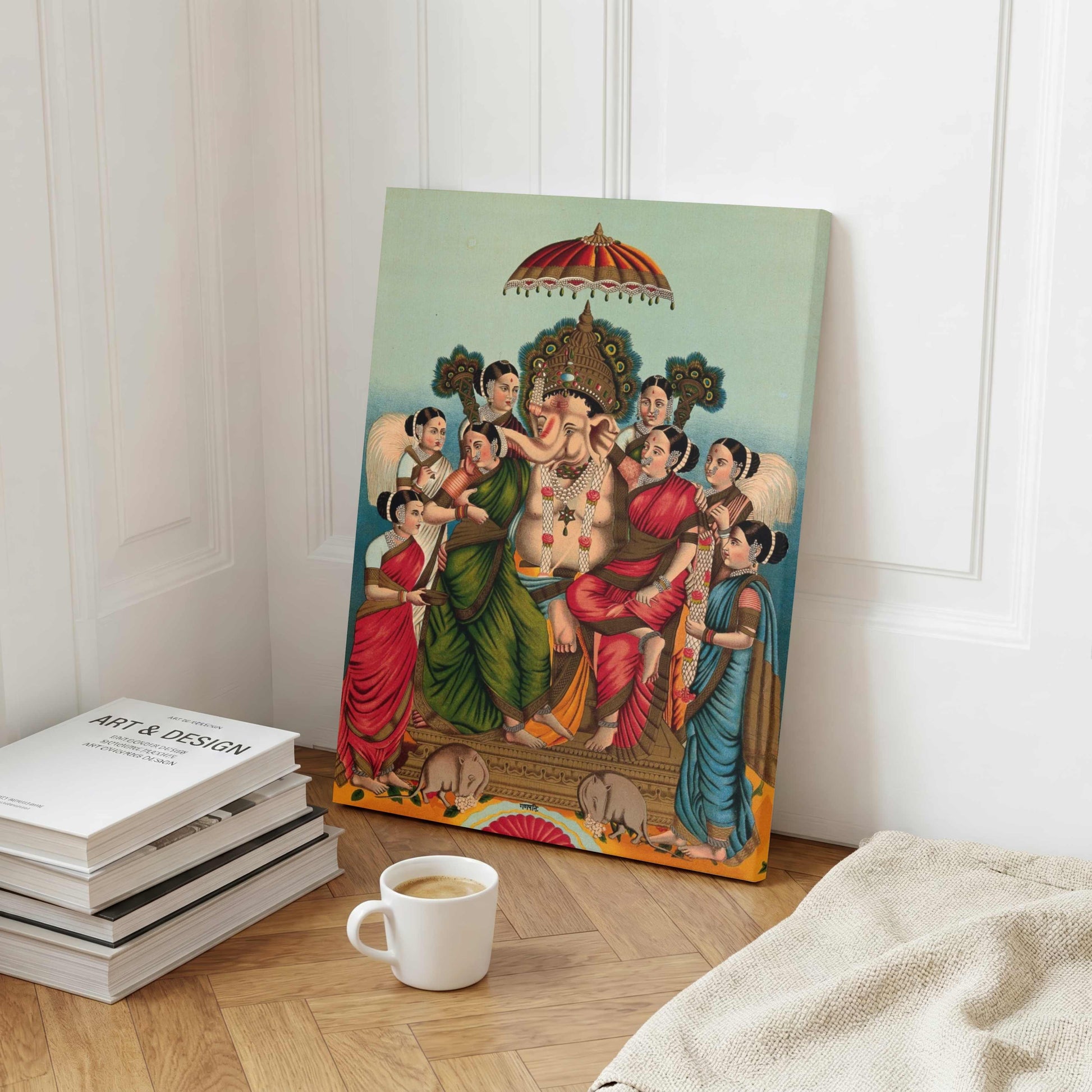 Ganesha Painting for Home – Riddhi Siddhi Wall Art by Raja Ravi Varma | Spiritual Print 3 : 4 Vertical Premium Wall Art Canvas by MeriDeewar