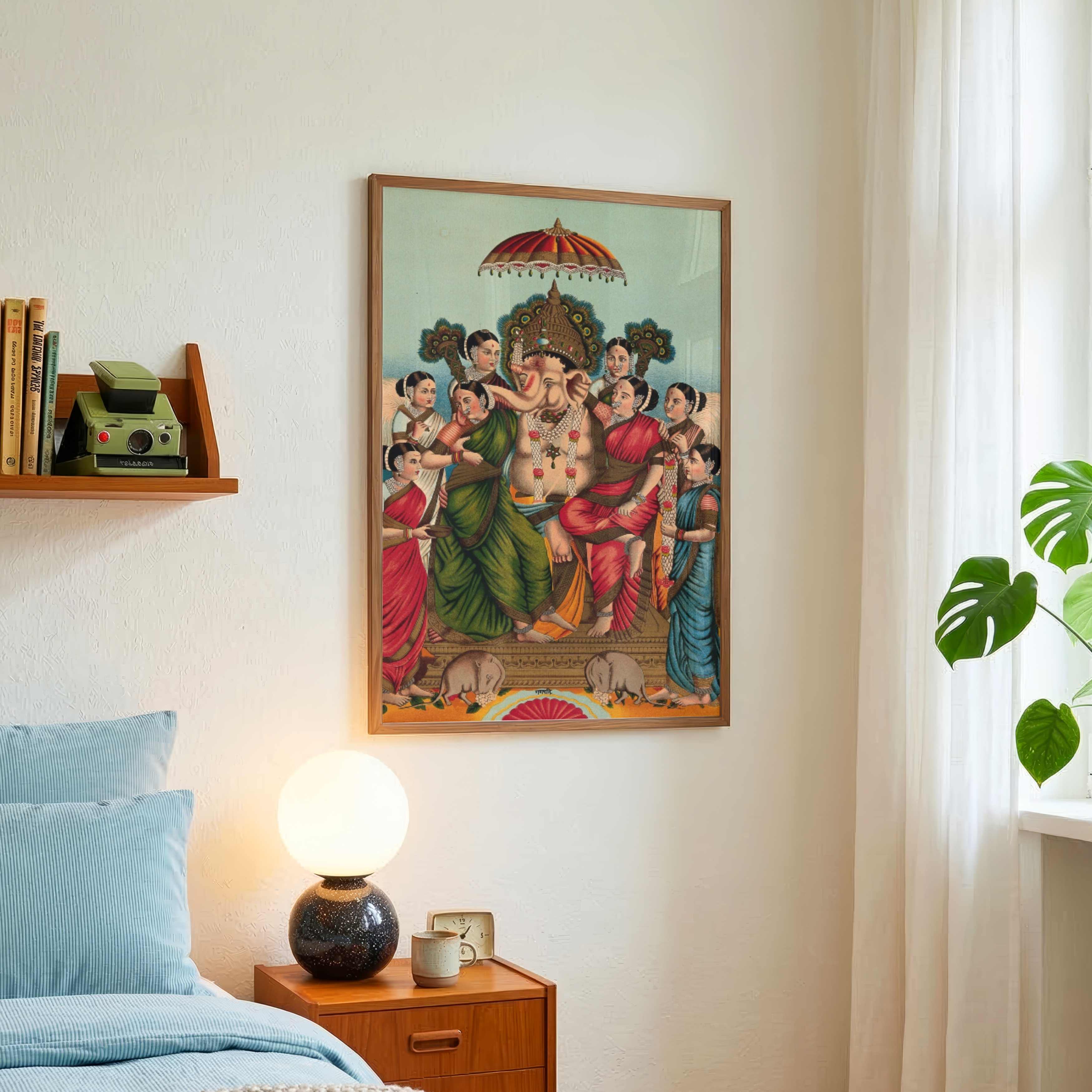 Ganesha Painting for Home – Riddhi Siddhi Wall Art by Raja Ravi Varma | Spiritual Print 3 : 4 Vertical Premium Wall Art Canvas by MeriDeewar