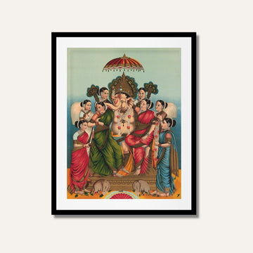 Ganesha with Riddhi and Siddhi Painting – Hindu Mythology Wall Art | MeriDeewar 3 : 4 Vertical Premium Wall Art Canvas by MeriDeewar