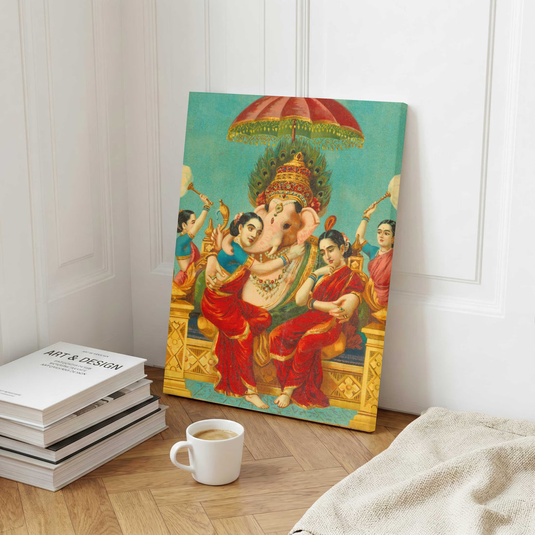 Ganesha Buddhi with Riddhi Siddhi | Divine Wisdom & Abundance Traditional Wall Art 2 : 3 Vertical Premium Wall Art Canvas by MeriDeewar