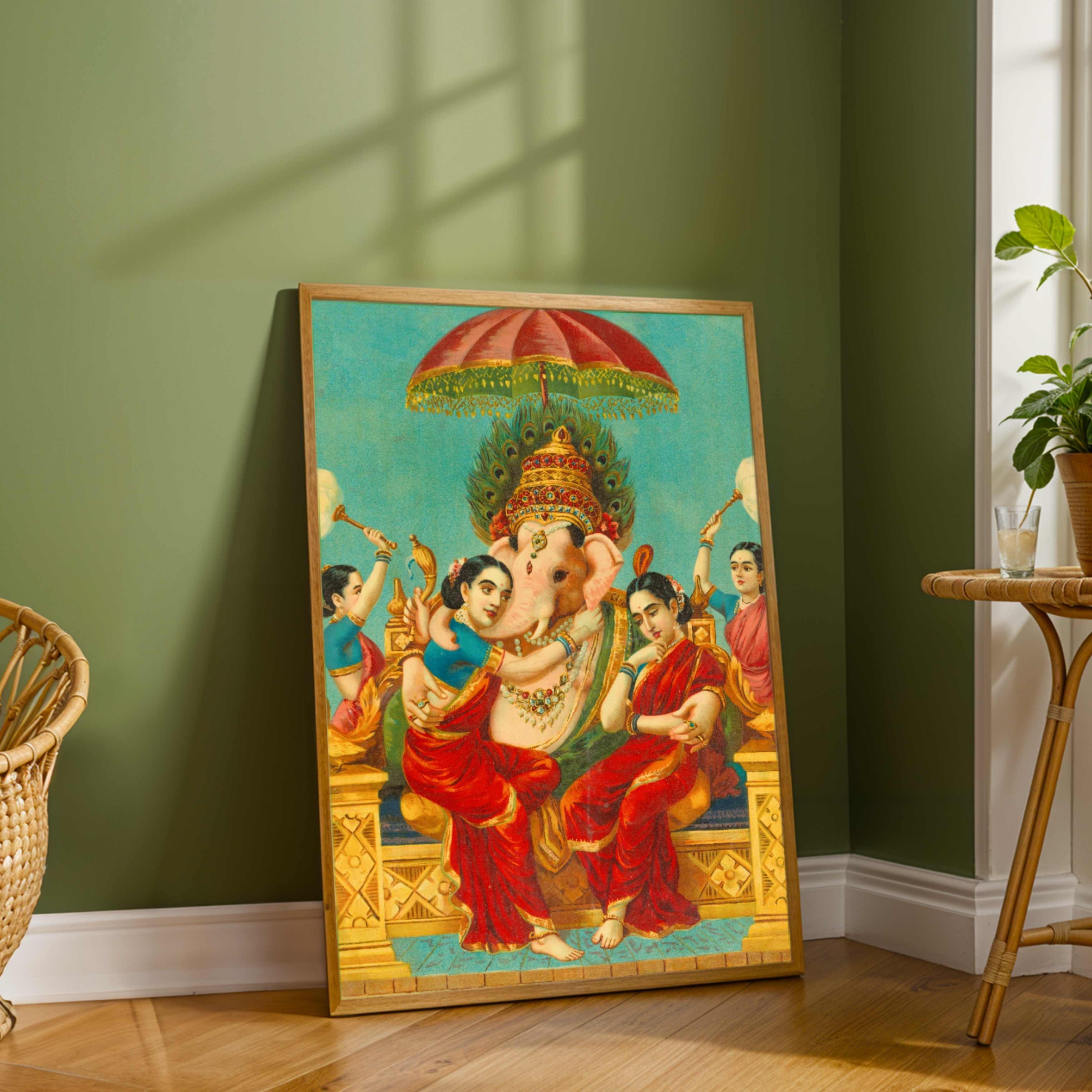 Ganesha with Riddhi Siddhi Painting for Home | Raja Ravi Varma Spiritual Wall Art 2 : 3 Vertical Premium Wall Art Canvas by MeriDeewar